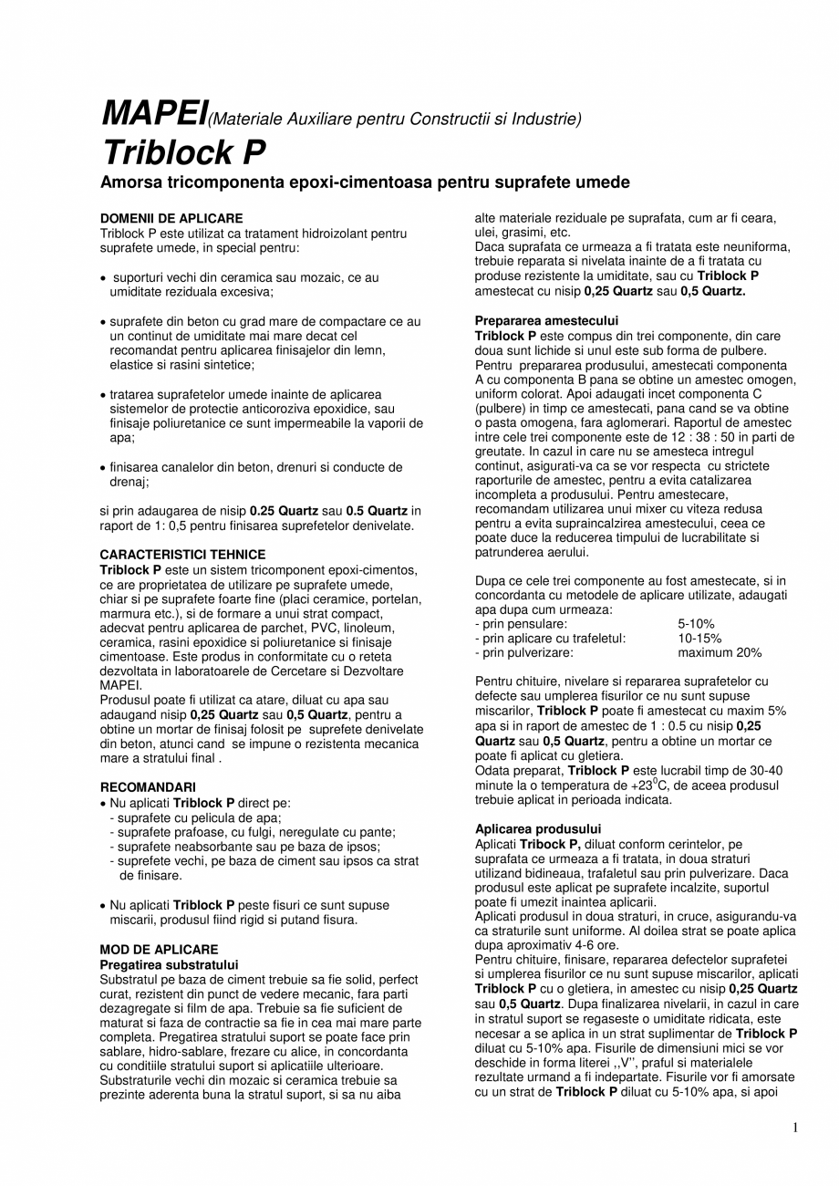 Pagina 1-Amorsa tricomponenta epoxi-cimentoasa pentru suprafete umede MAPEI TRIBLOCK P Fisa tehnica Romana...