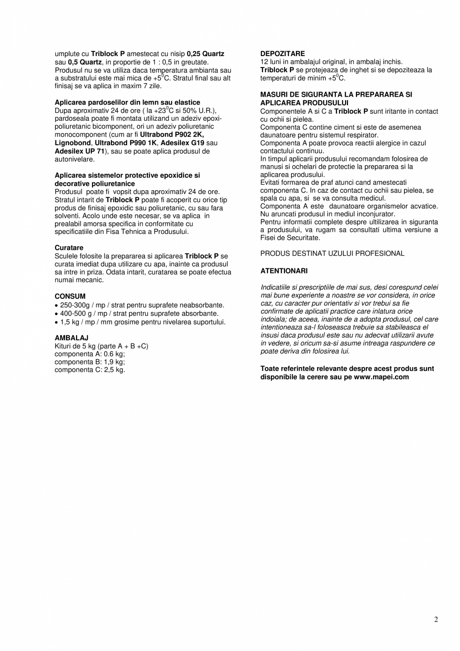 Pagina 2-Amorsa tricomponenta epoxi-cimentoasa pentru suprafete umede MAPEI TRIBLOCK P Fisa tehnica Romana...