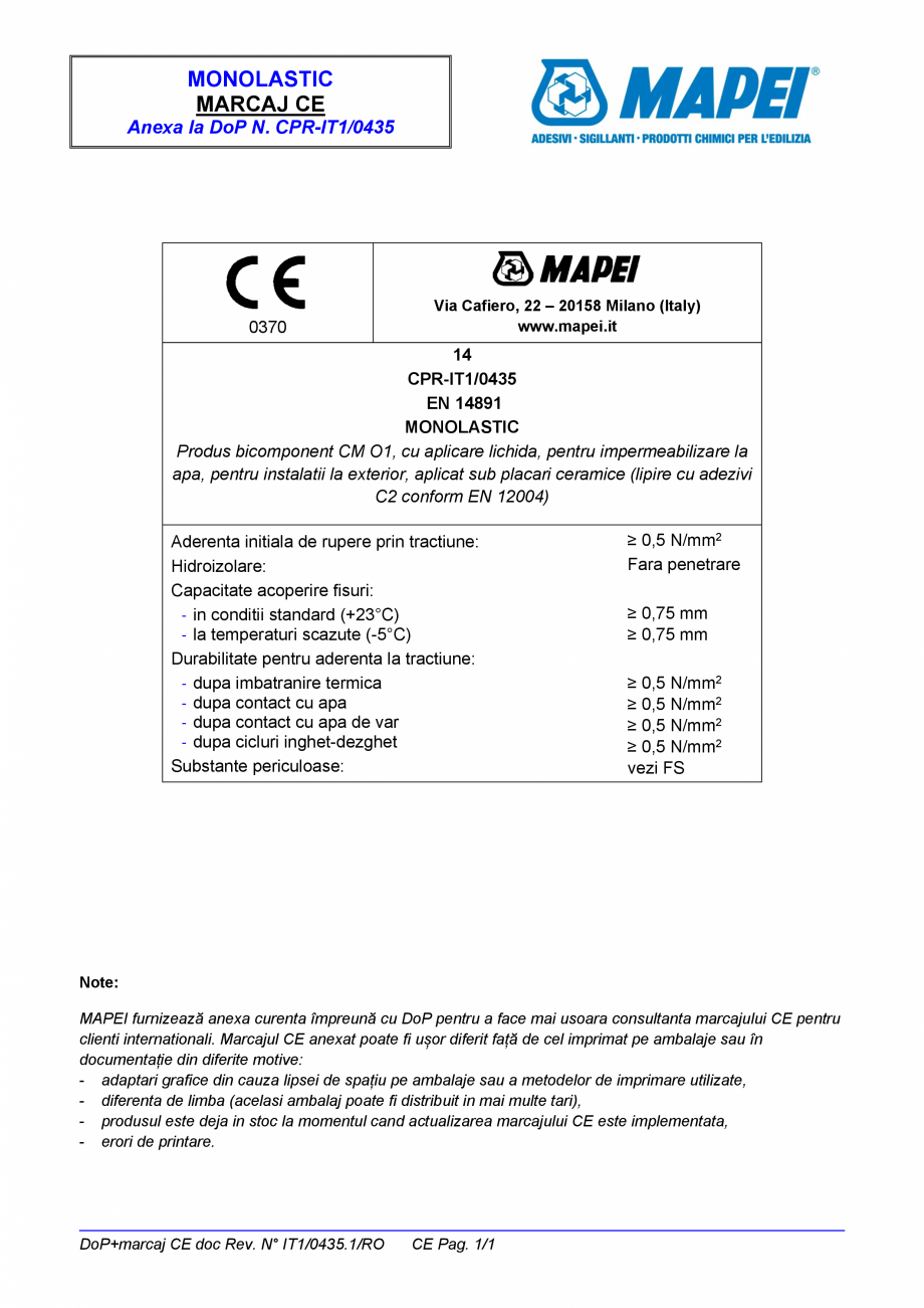 Pagina 2-Declaratie de performanta - Produs bicomponent CM O1, cu aplicare lichida, pentru impermeabilizare...