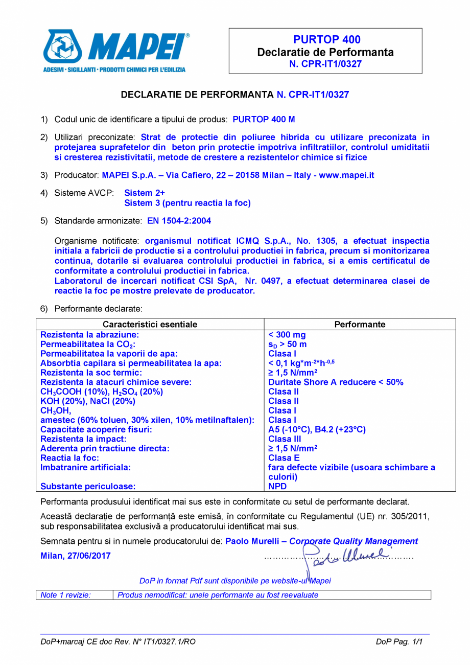 Pagina 1-Declaratie de performanta - Strat de protectie din poliuree hibrida cu utilizare preconizata in...