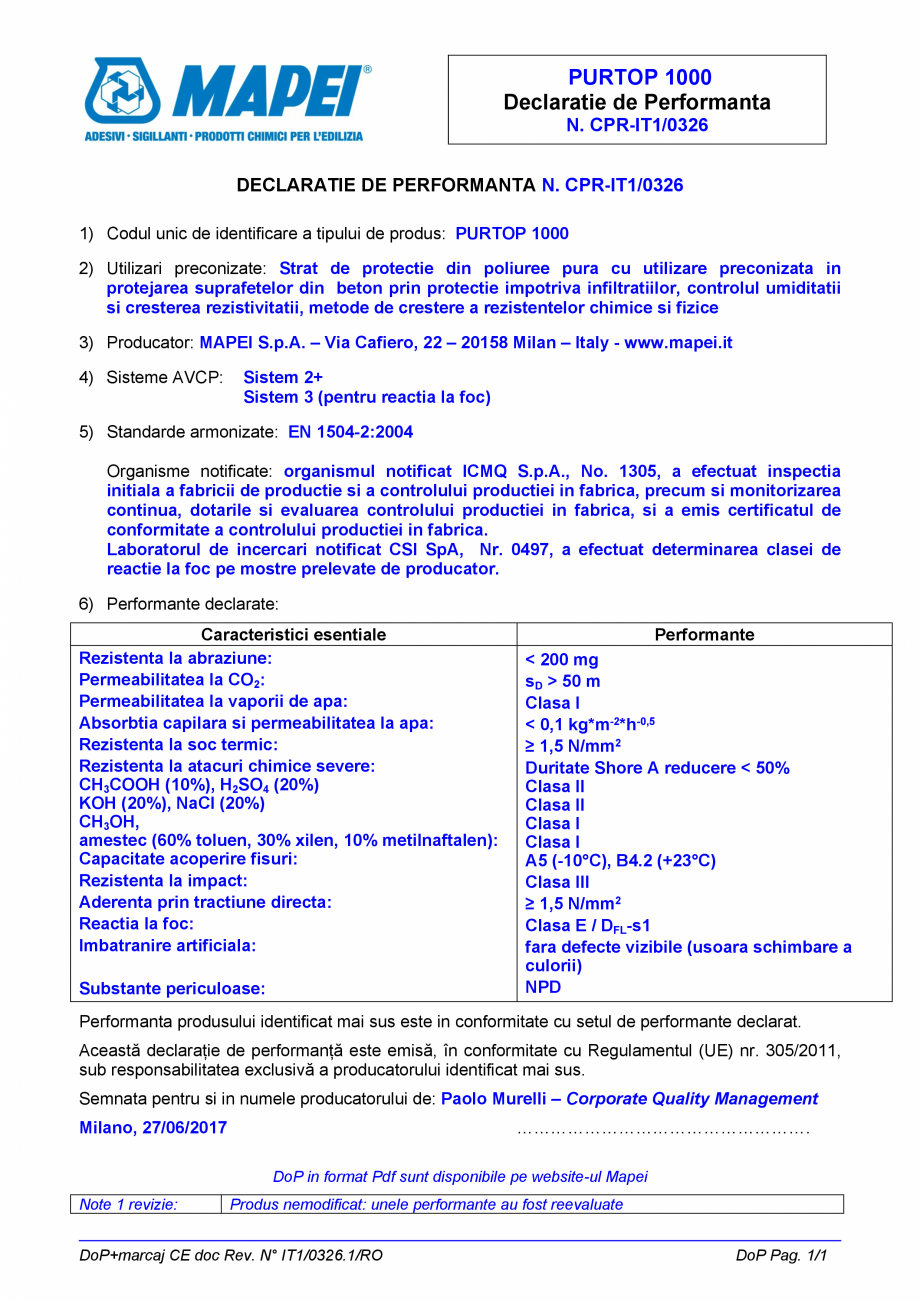 Pagina 1-Declaratie de performanta - Strat de protectie din poliuree pura cu utilizare preconizata in...