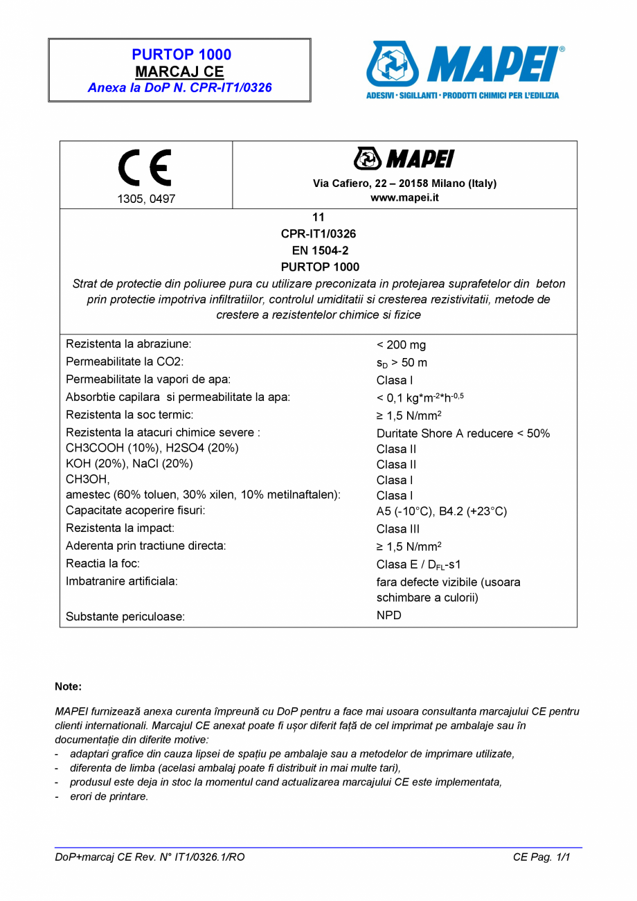 Pagina 2 - Declaratie de performanta - Strat de protectie din poliuree pura cu utilizare preconizata...