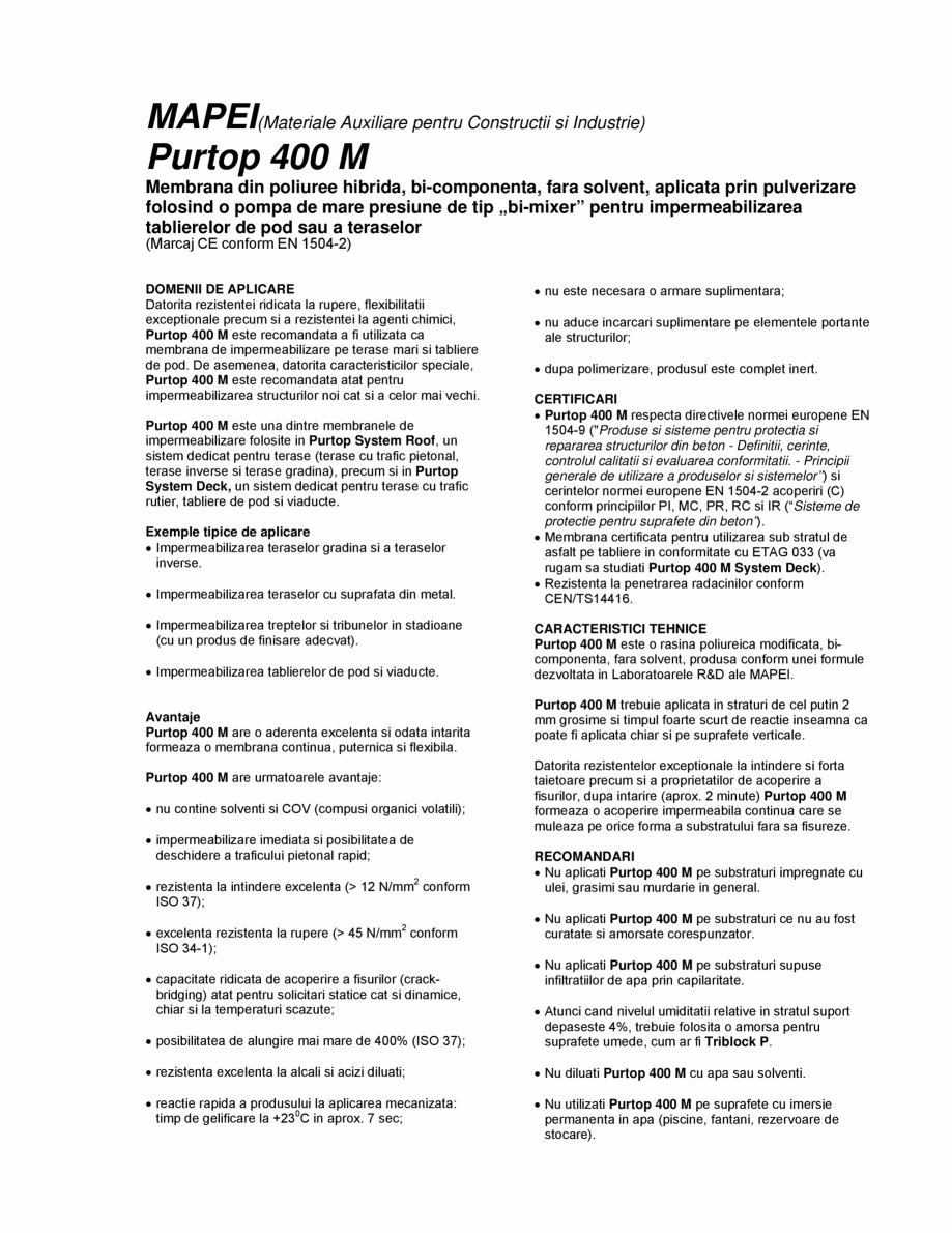 Pagina 1-Membrana din poliuree hibrida pentru impermeabilizarea tablierelor de pod sau a teraselor MAPEI...