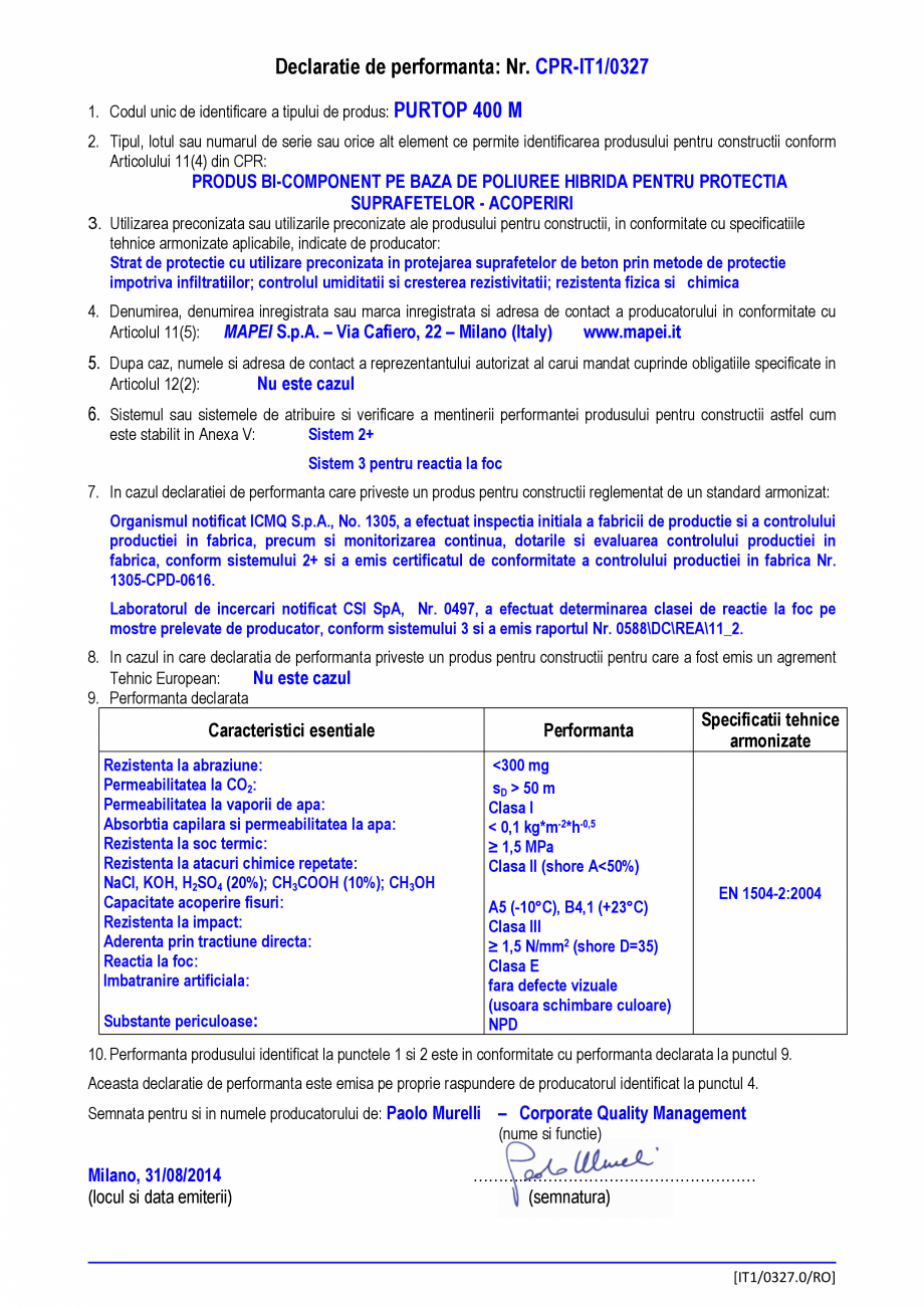 Pagina 1-Declaratie de performanta - produs bi-component pe baza de poliuree hidrida pentru protectia...