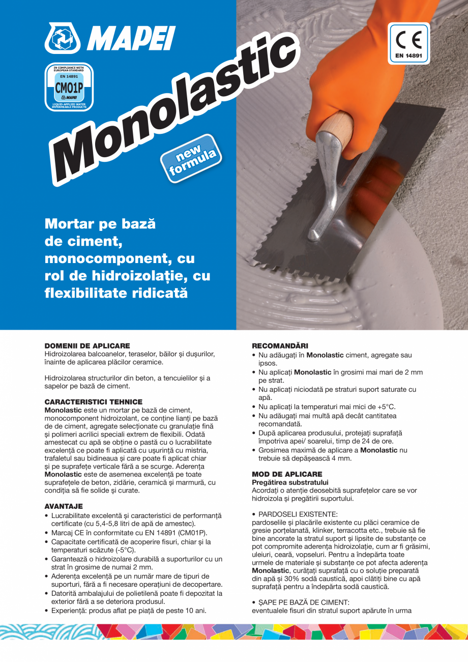 Pagina 1-Mortar pe baza de ciment, monocomponent, cu rol de hidroizolație, cu flexibilitate ridicata MAPEI...