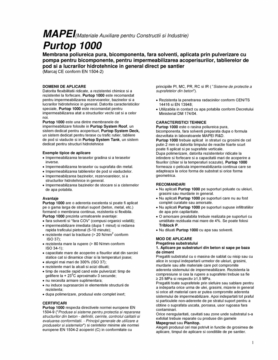 Pagina 1-Membrana poliureica pura, bicomponenta pentru impermeabilizarea acoperisurilor, tablierelor de pod...