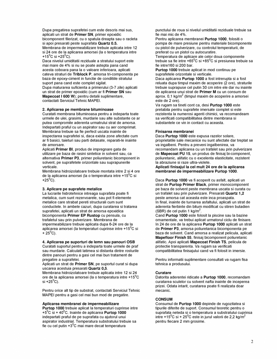 Pagina 2-Membrana poliureica pura, bicomponenta pentru impermeabilizarea acoperisurilor, tablierelor de pod...
