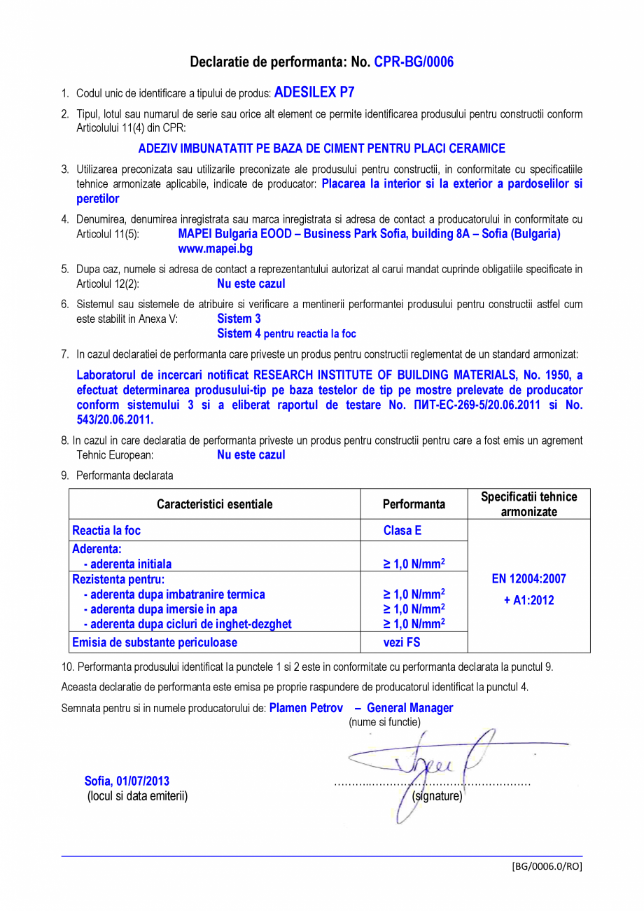 Pagina 1-Declaratie de performanta pentru adeziv imbunatatit, pe baza de ciment, pentru placi ceramice MAPEI ...
