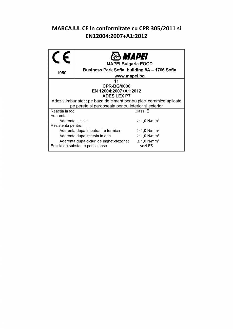 Pagina 2-Declaratie de performanta pentru adeziv imbunatatit, pe baza de ciment, pentru placi ceramice MAPEI ...