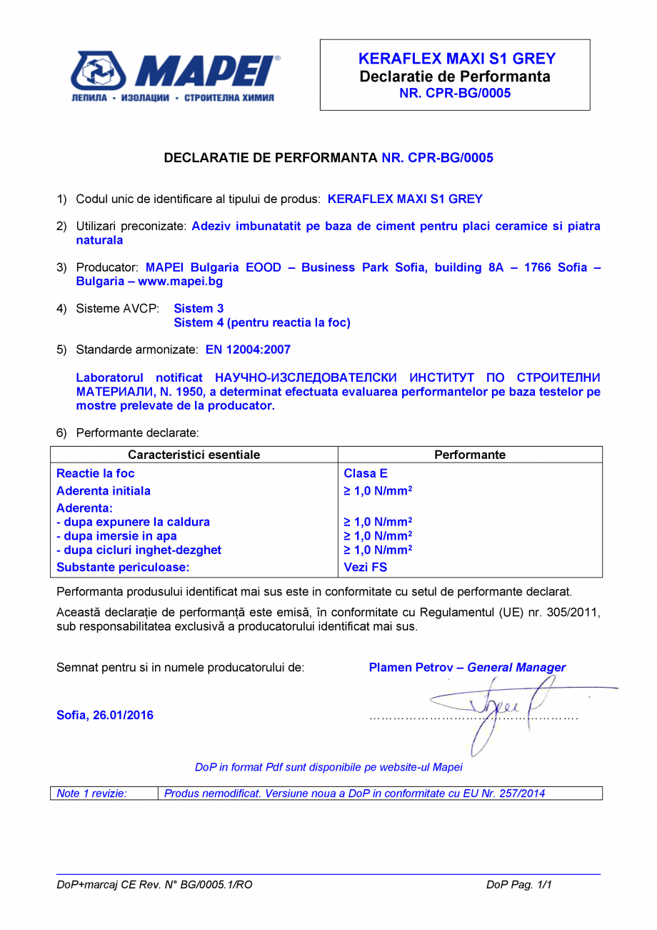 Pagina 1-Declaratie de performanta pentru adeziv imbunatatit, pe baza de ciment, pentru placi ceramice si...