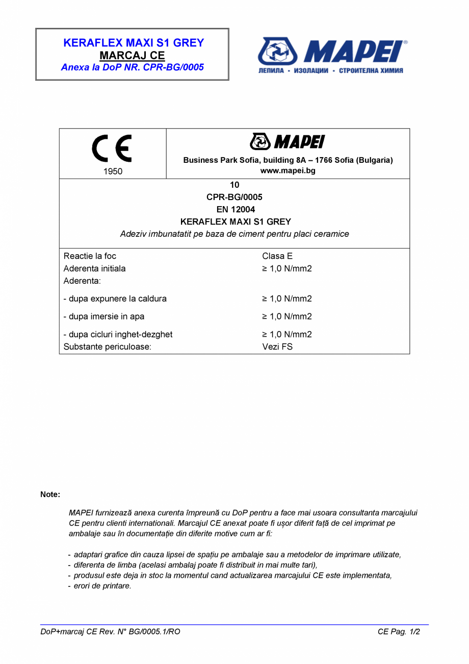 Pagina 2-Declaratie de performanta pentru adeziv imbunatatit, pe baza de ciment, pentru placi ceramice si...