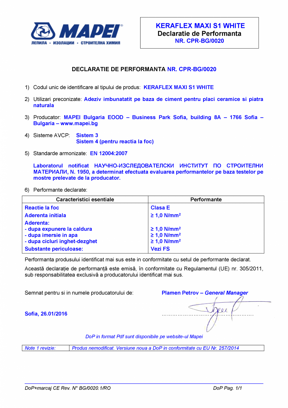 Pagina 1-Declaratie de performanta pentru adeziv imbunatatit, pe baza de ciment, pentru placi ceramice si...