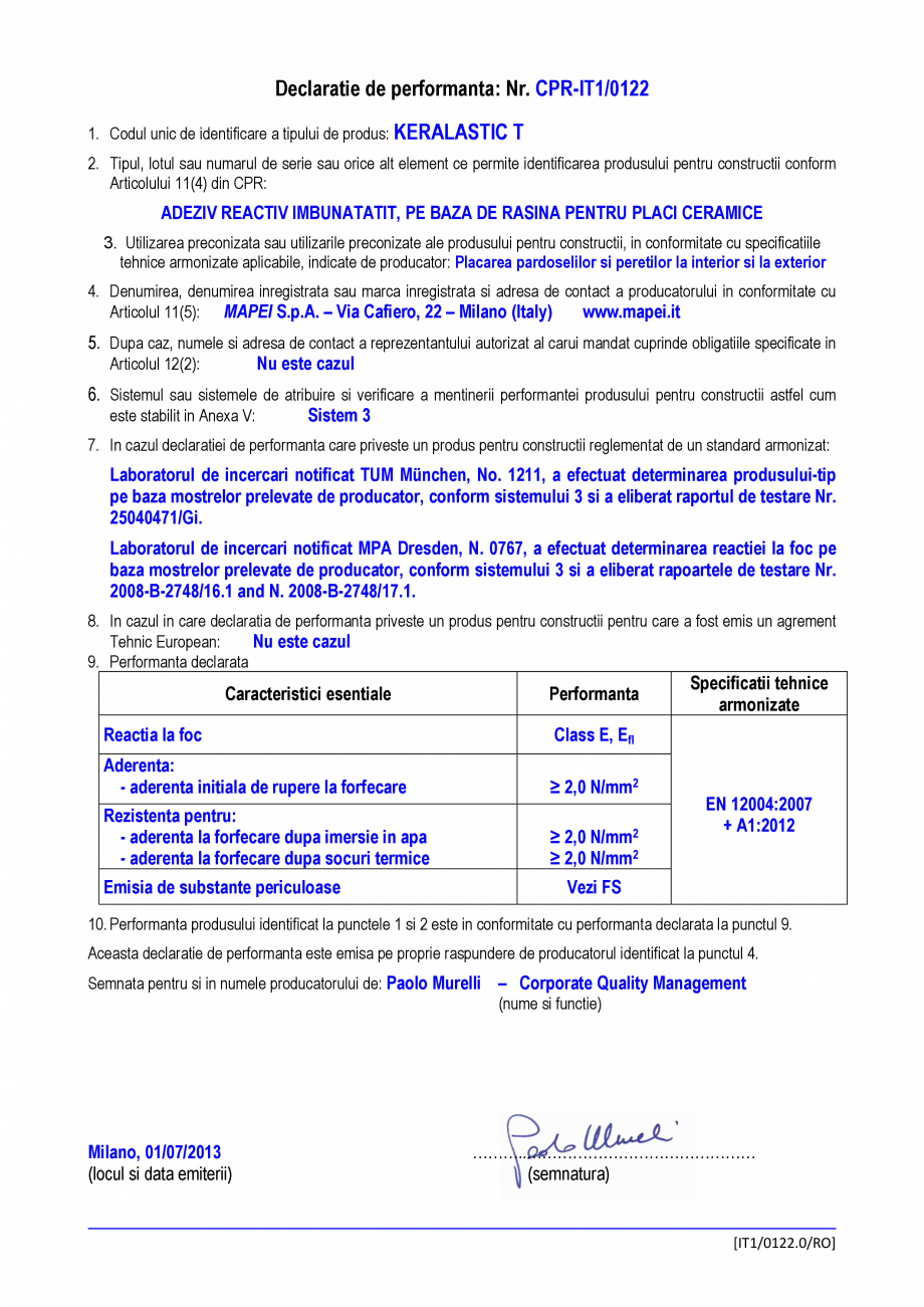 Pagina 1-Declaratie de performanta pentru adeziv imbunatatit, pe baza de rasina, pentru placi ceramice MAPEI ...
