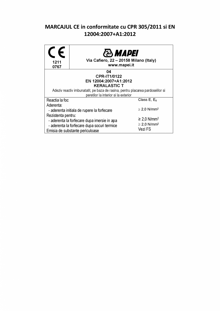 Pagina 2-Declaratie de performanta pentru adeziv imbunatatit, pe baza de rasina, pentru placi ceramice MAPEI ...