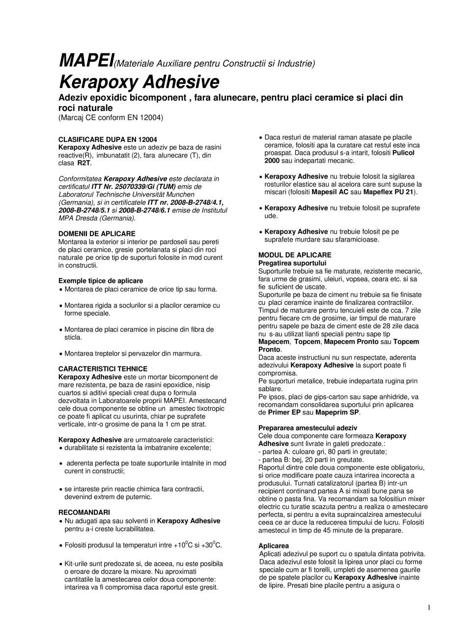 Pagina 1-Adeziv epoxidic bicomponent, fara alunecare, pentru placi ceramice si placi din roci naturale MAPEI ...
