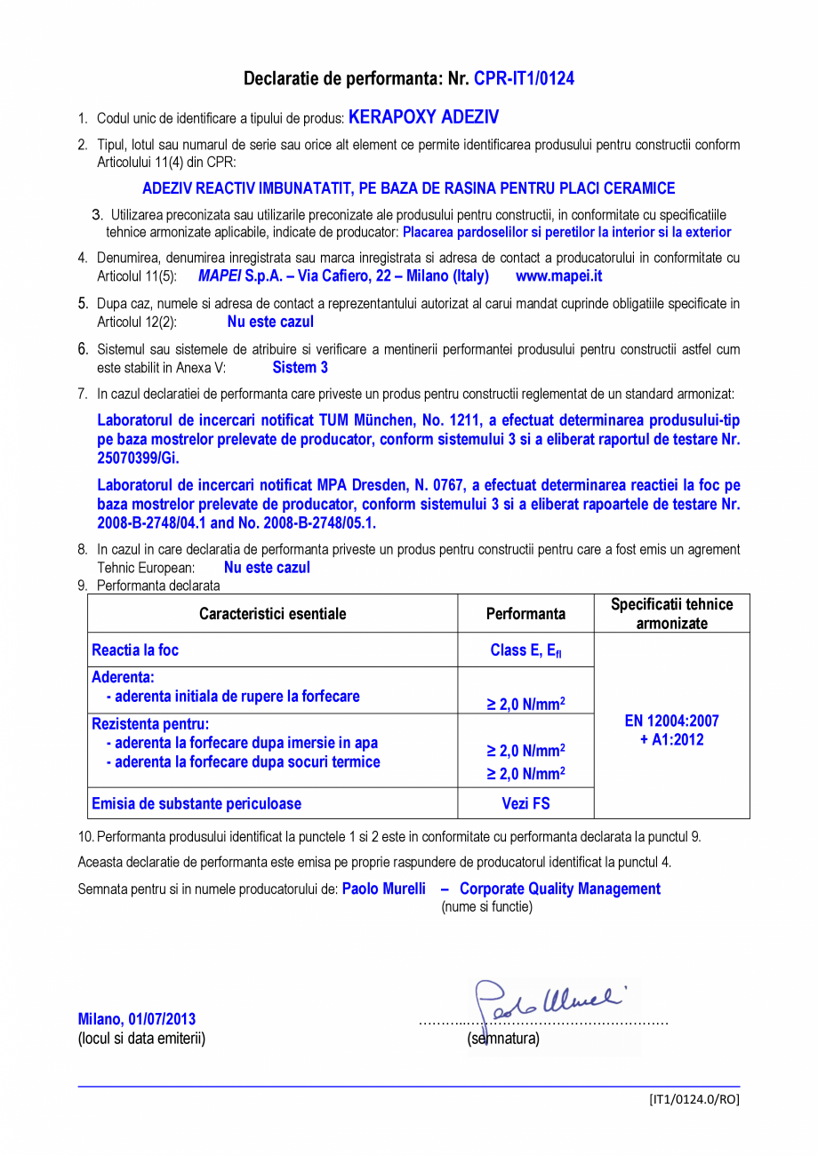 Pagina 1-Declaratie de performanta pentru adeziv reactiv imbunatatit, pe baza de rasina, pentru placi...