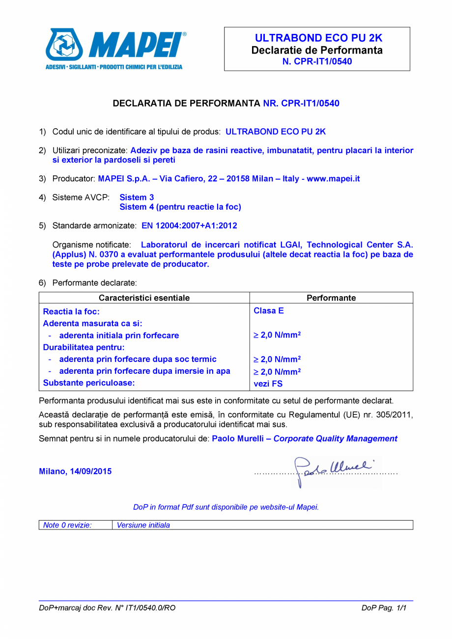 Pagina 1-Declaratie de performanta pentru adeziv pe baza de rasini reactive, imbunatatit MAPEI ULTRABOND ECO ...