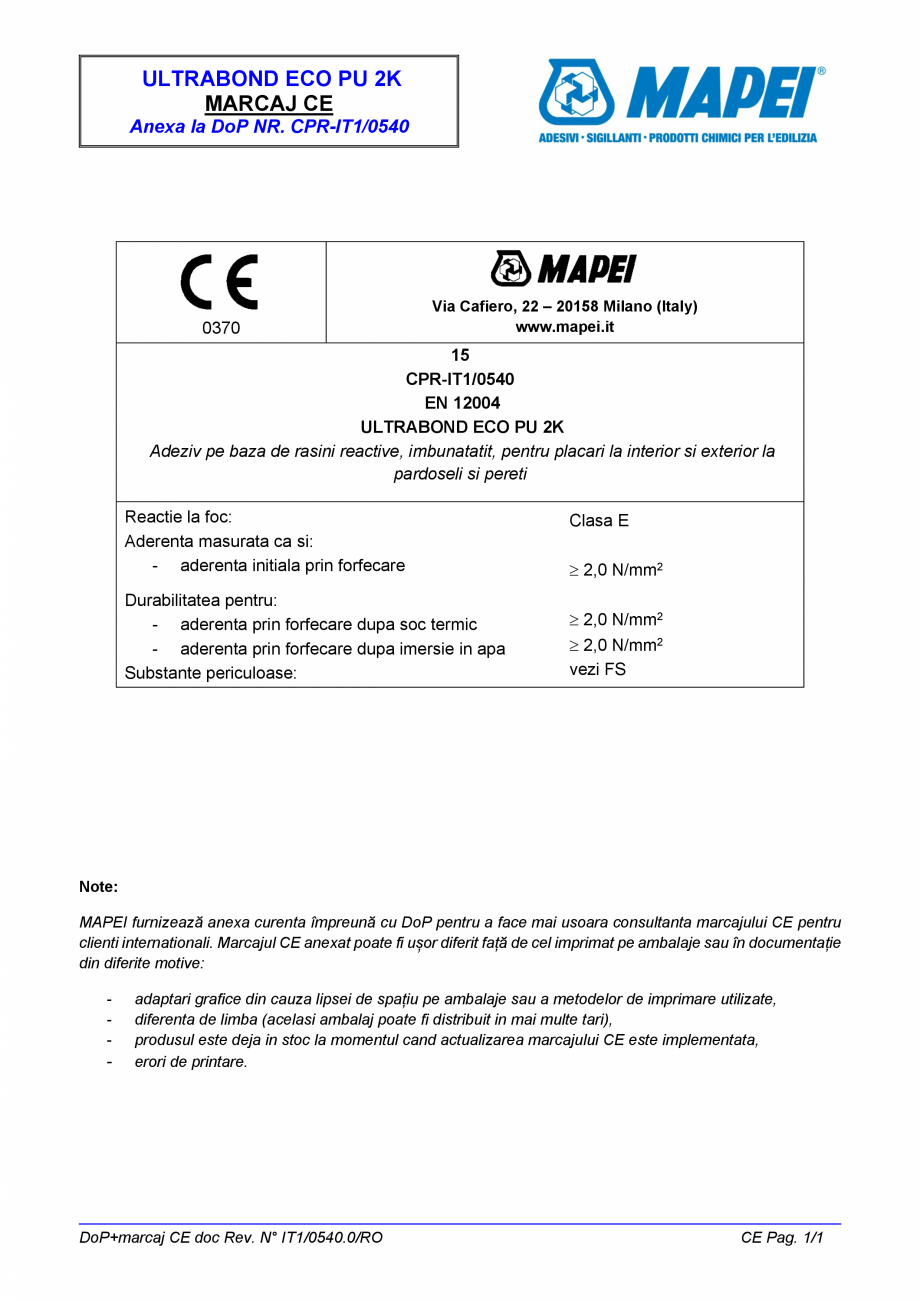 Pagina 2-Declaratie de performanta pentru adeziv pe baza de rasini reactive, imbunatatit MAPEI ULTRABOND ECO ...