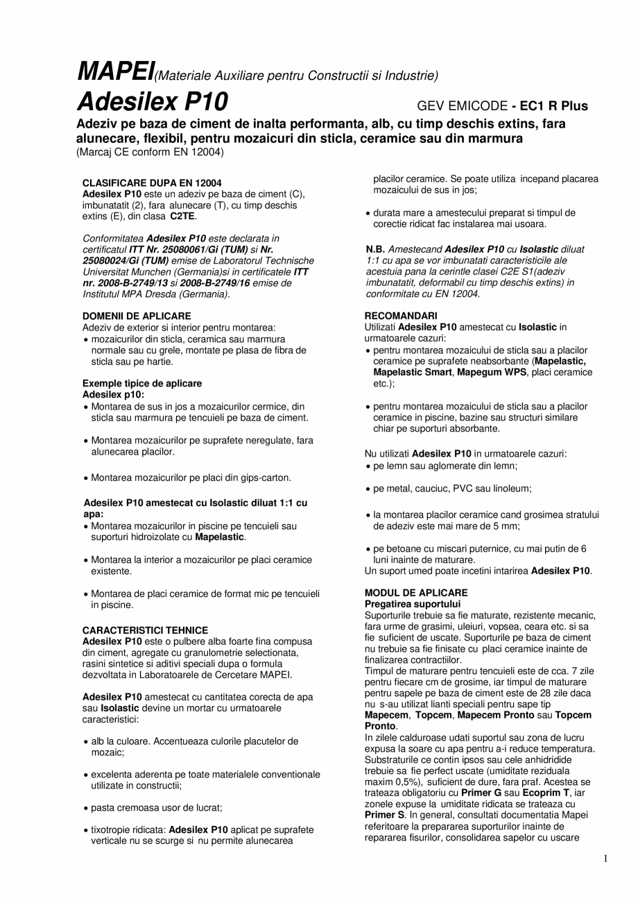 Pagina 1-Adeziv pe baza de ciment de inalta performanta pentru mozaicuri din sticla, ceramice sau din marmura...