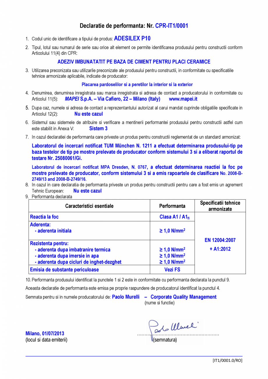 Pagina 1-Declaratie de performanta - Adeziv imbunatatit pe baza de ciment pentru placi ceramice MAPEI...