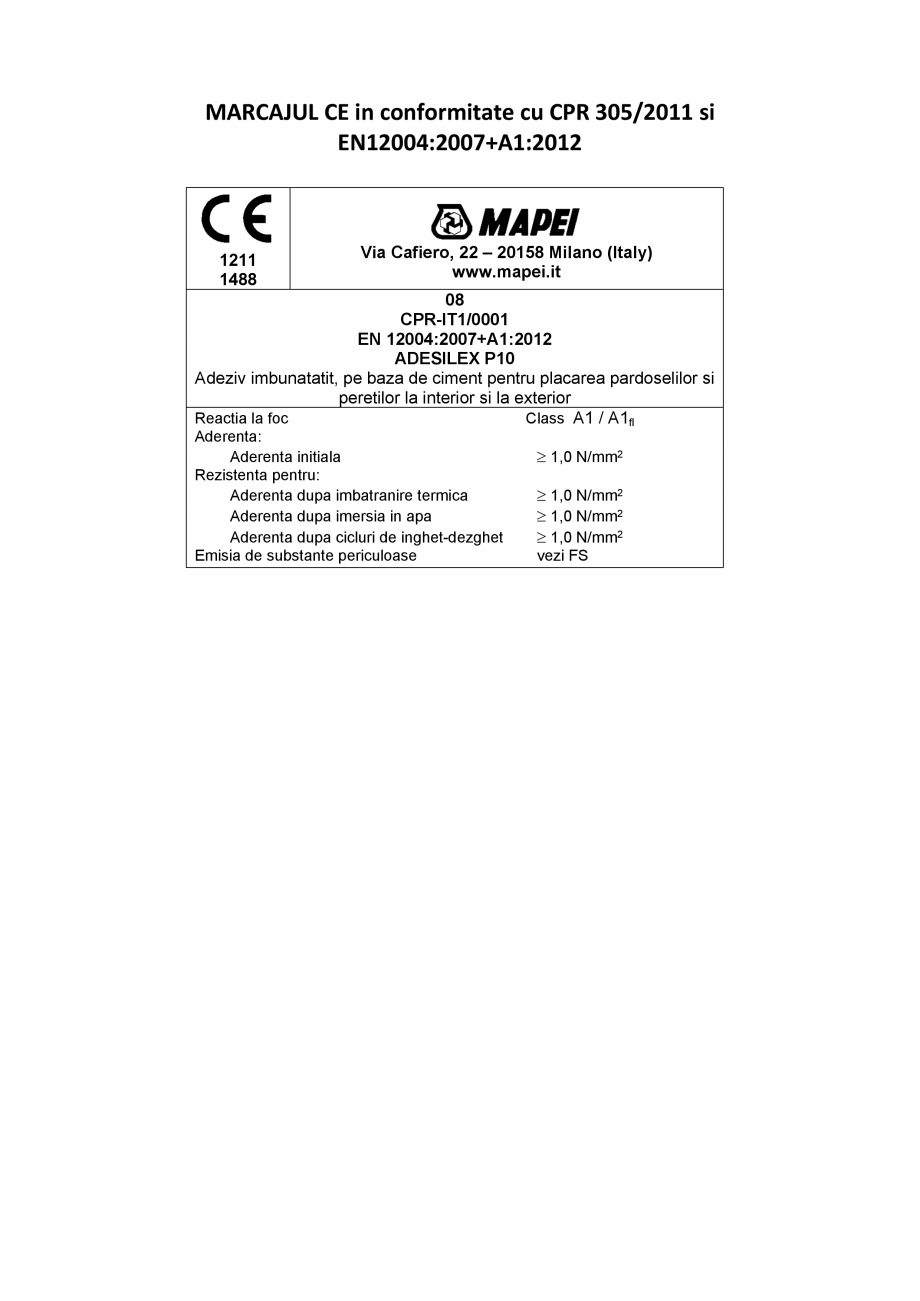 Pagina 2-Declaratie de performanta - Adeziv imbunatatit pe baza de ciment pentru placi ceramice MAPEI...