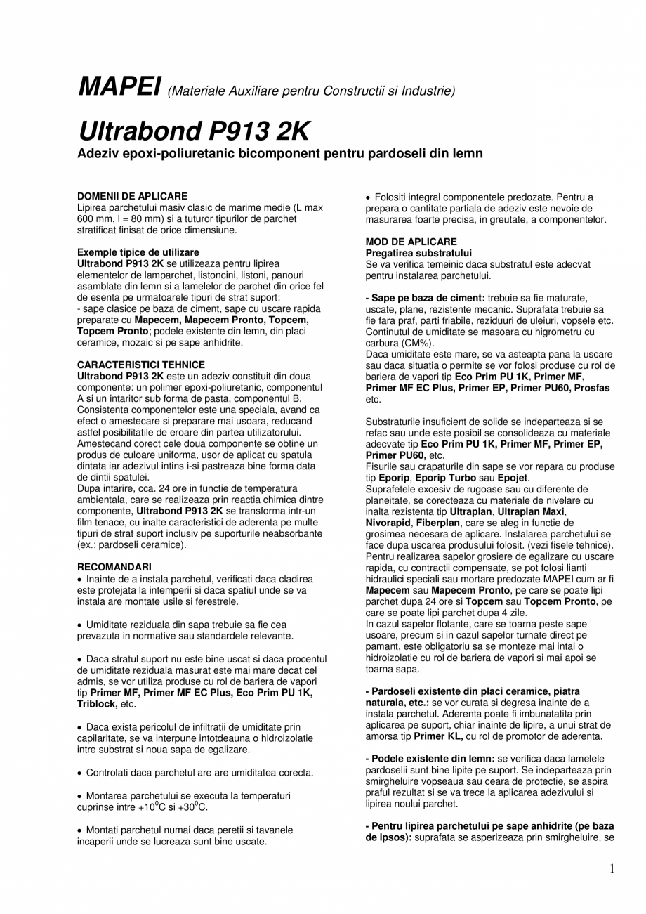 Pagina 1-Adeziv epoxi-poliuretanic bicomponent pentru pardoseli din lemn MAPEI ULTRABOND P913 2K Fisa tehnica...