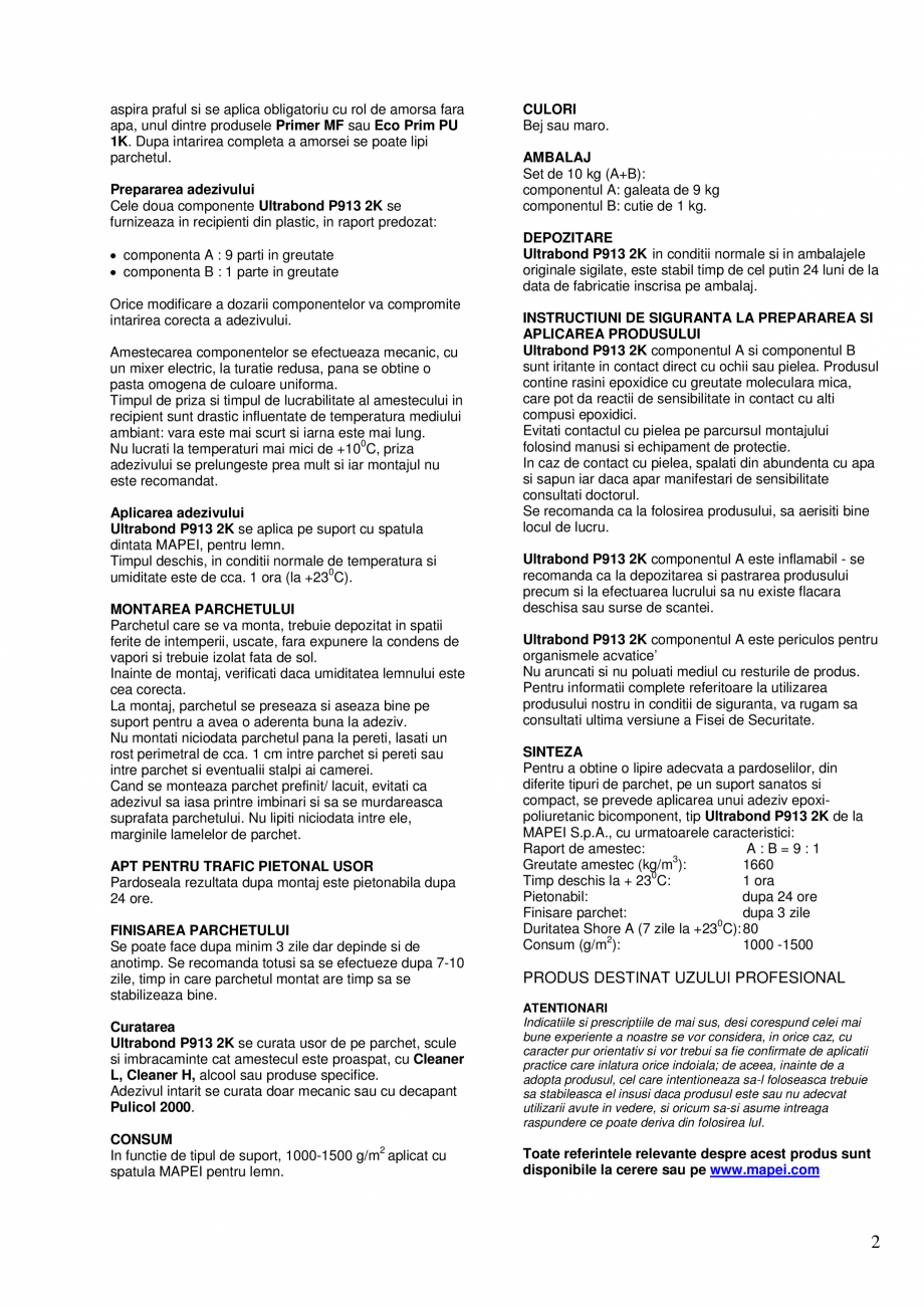 Pagina 2-Adeziv epoxi-poliuretanic bicomponent pentru pardoseli din lemn MAPEI ULTRABOND P913 2K Fisa tehnica...