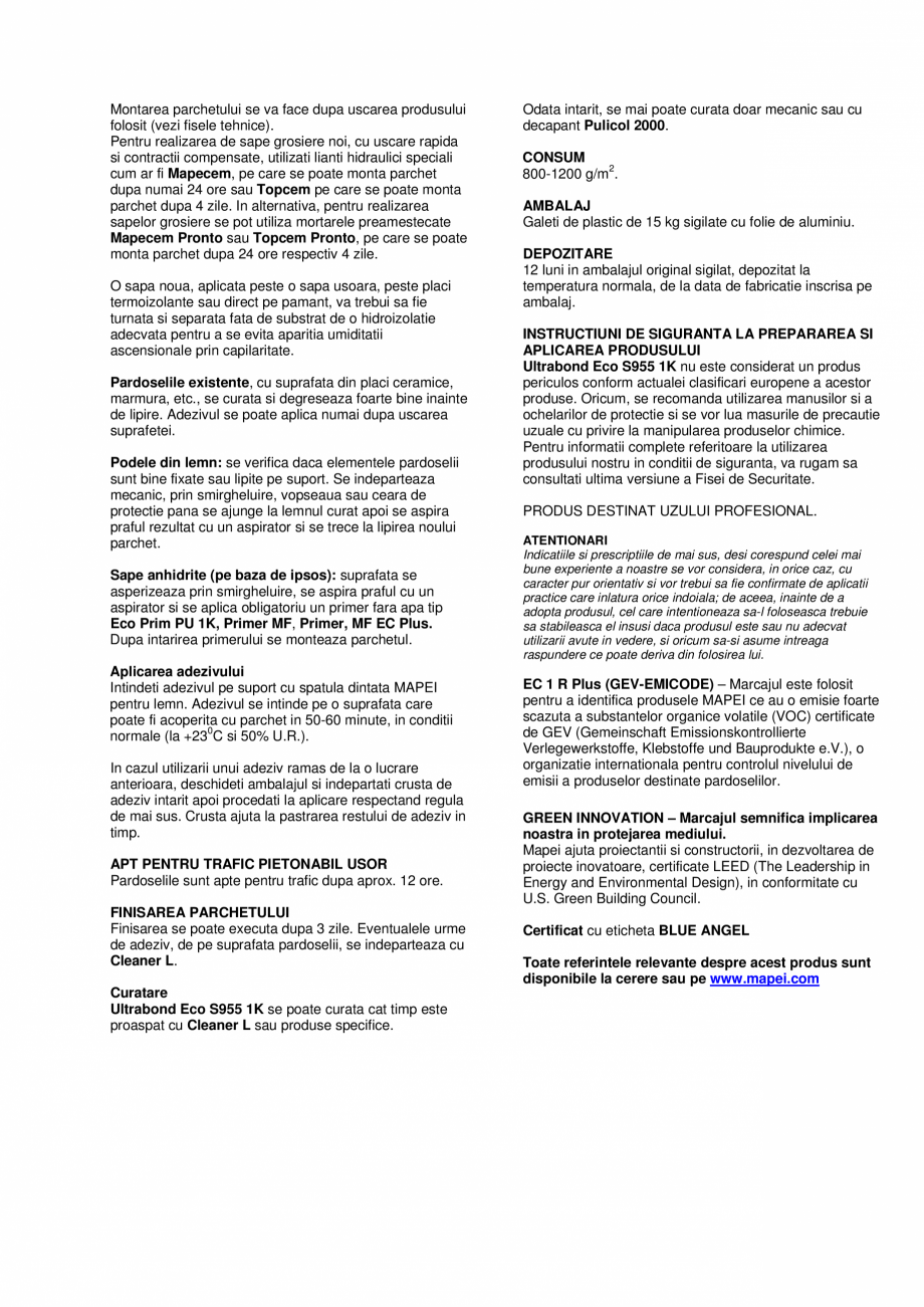 Pagina 2-Adeziv poliuretanic monocomponent  MAPEI ULTRABOND ECO S955 1K Fisa tehnica Romana olimer silanic,...