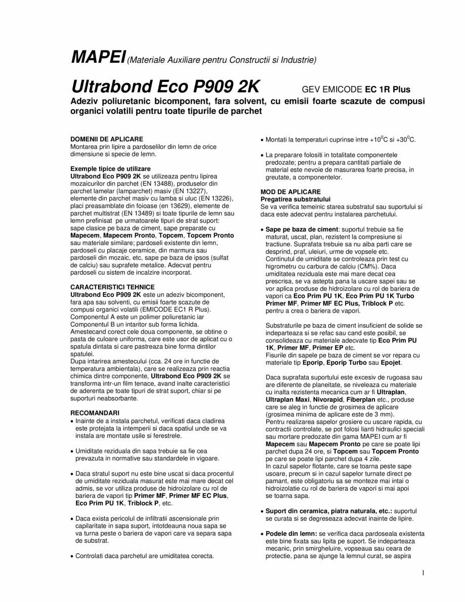 Pagina 1-Adeziv poliuretanic bicomponent pentru toate tipurile de parchet MAPEI ULTRABOND ECO P909 2K Fisa...