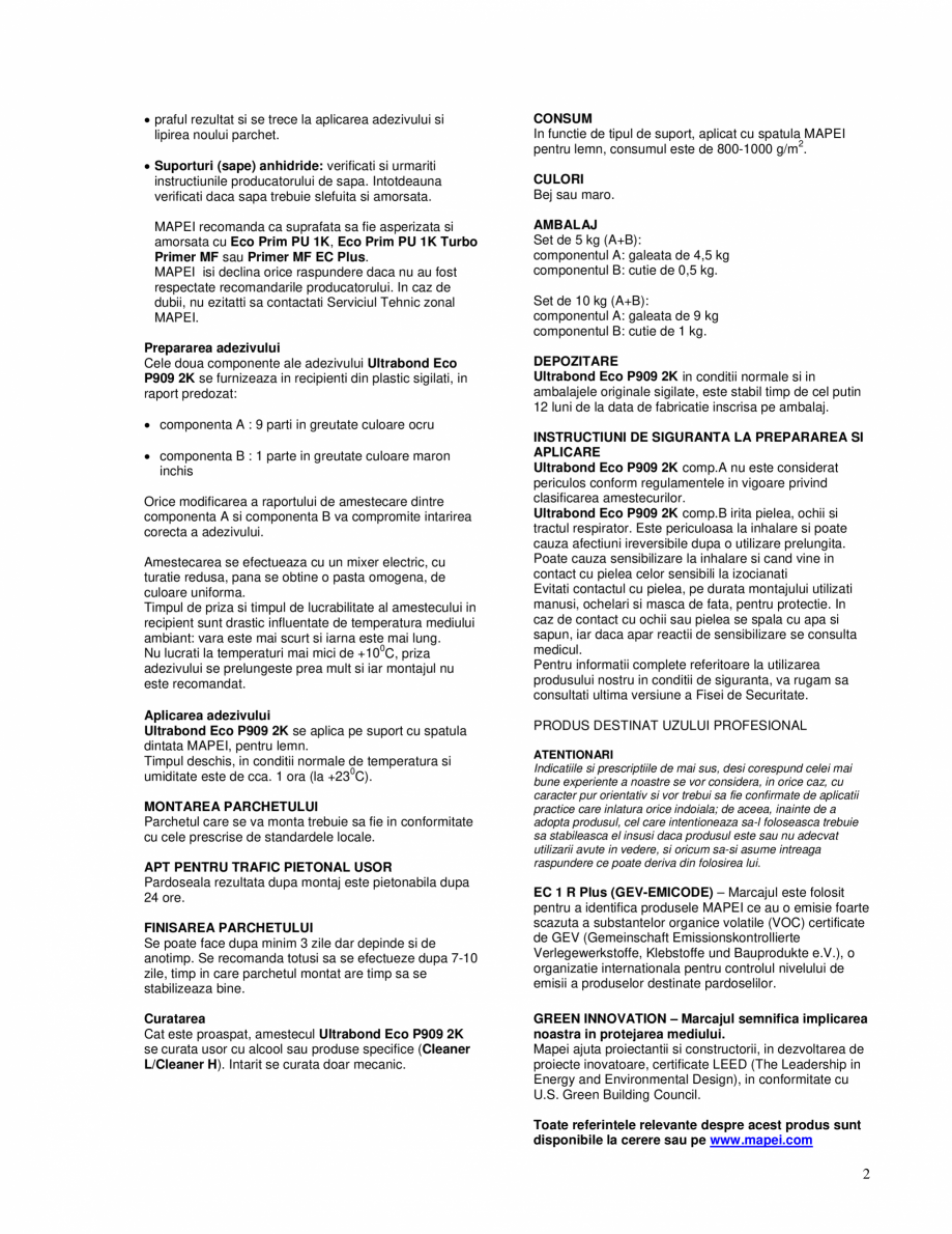 Pagina 2-Adeziv poliuretanic bicomponent pentru toate tipurile de parchet MAPEI ULTRABOND ECO P909 2K Fisa...
