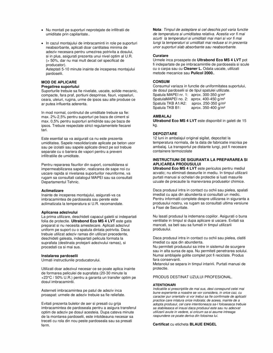 Pagina 2-Adeziv monocomponent pe baza de polimeri silanici pentru LVT MAPEI ULTRABOND ECO MS 4 LVT Fisa...