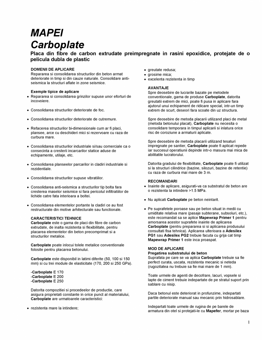 Pagina 1-Placa din fibre de carbon extrudate preimpregnate in rasini epoxidice MAPEI CARBOPLATE Fisa tehnica ...