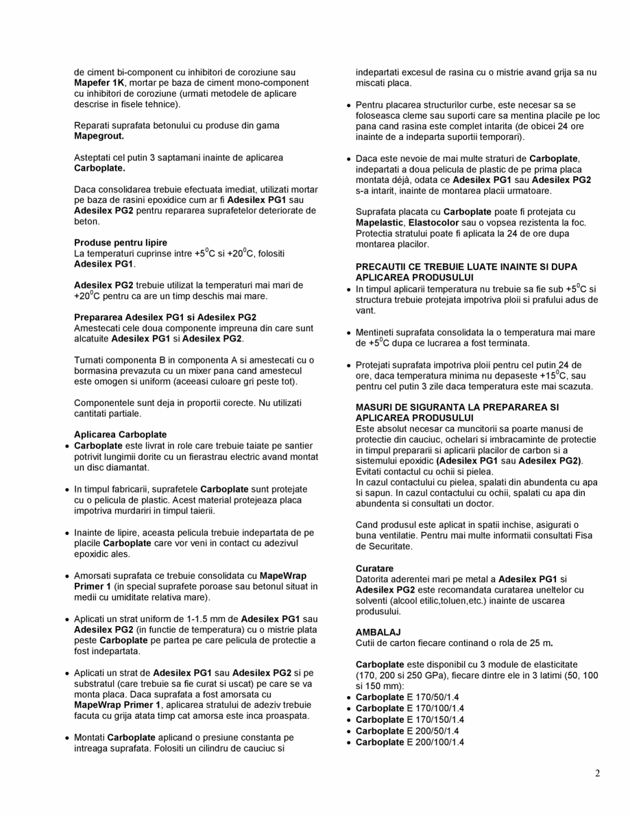 Pagina 2-Placa din fibre de carbon extrudate preimpregnate in rasini epoxidice MAPEI CARBOPLATE Fisa tehnica ...