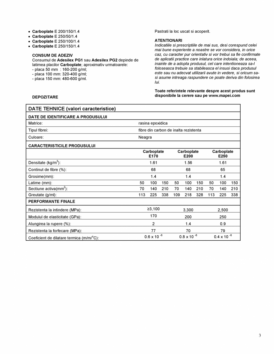 Pagina 3-Placa din fibre de carbon extrudate preimpregnate in rasini epoxidice MAPEI CARBOPLATE Fisa tehnica ...