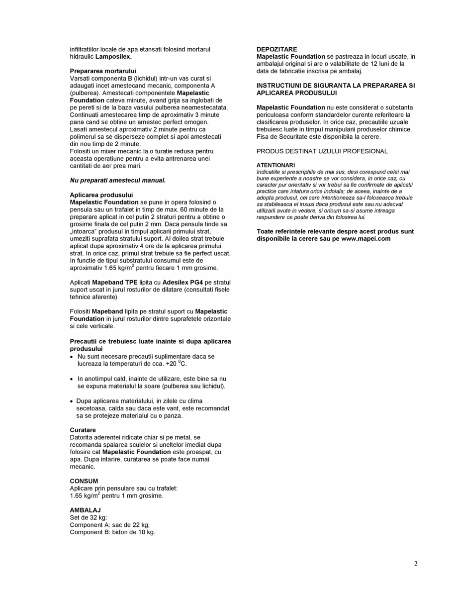 Pagina 2-Membrana pe baza de ciment, bicomponenta MAPEI Mapelastic Foundation Fisa tehnica Romana zvoltata in...
