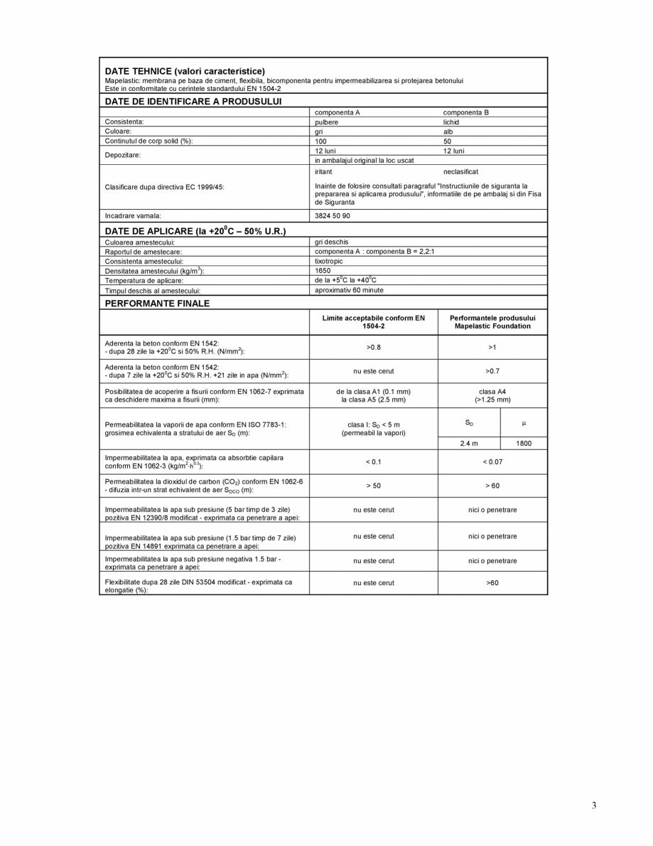 Pagina 3-Membrana pe baza de ciment, bicomponenta MAPEI Mapelastic Foundation Fisa tehnica Romana  curate si ...