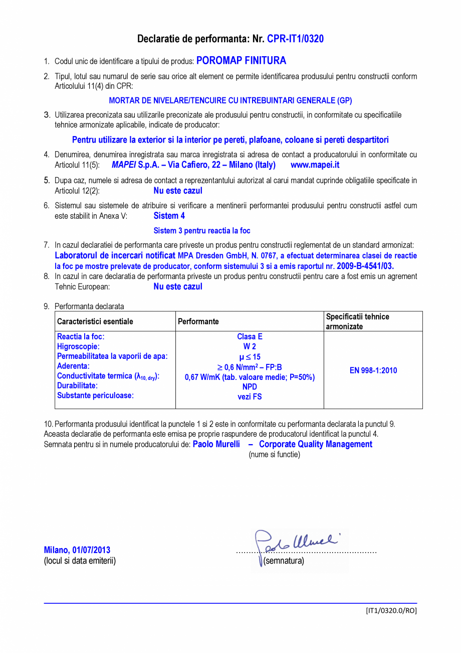 Pagina 1-Declaratie de performanta - Mortar de nivelare/tencuire cu intrebuintari generale (GP) MAPEI POROMAP...