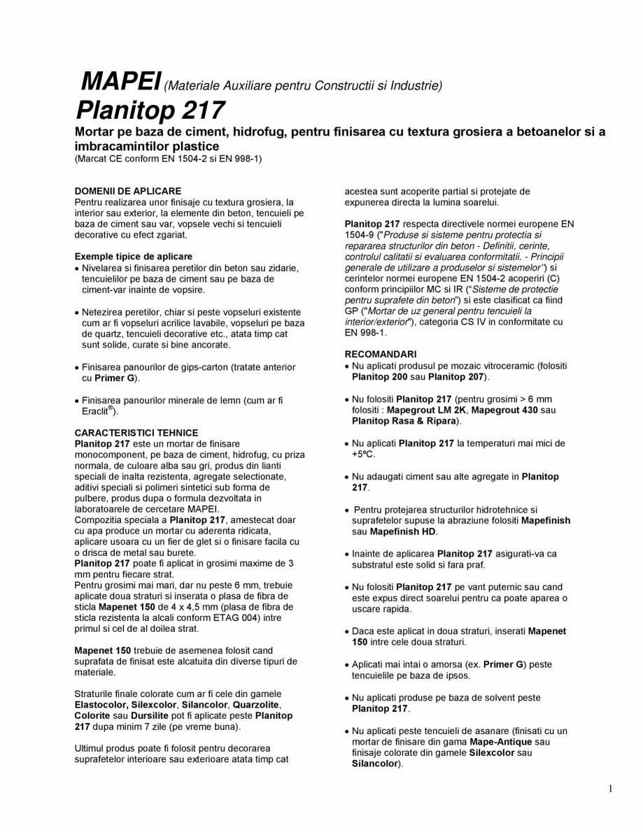 Pagina 1-Mortar pe baza de ciment, hidrofug, pentru finisarea cu textura grosiera a betoanelor si a...