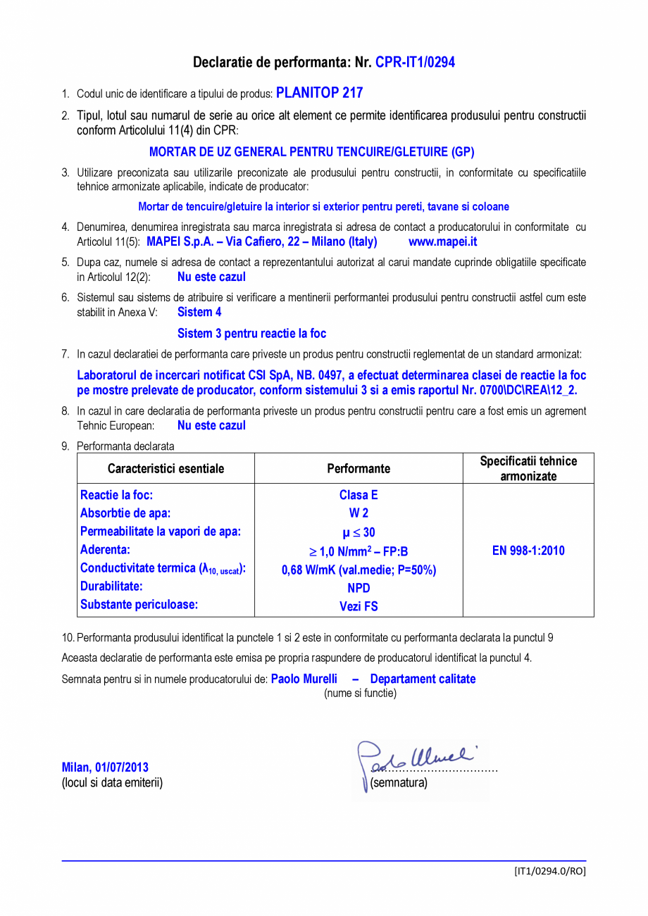 Pagina 1-Declaratie de performanta - Mortar de uz general pentru tencuire/gletuire (GP)  MAPEI PLANITOP 217...
