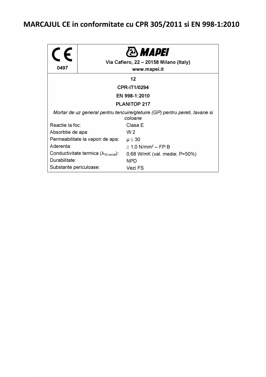 Pagina 2-Declaratie de performanta - Mortar de uz general pentru tencuire/gletuire (GP)  MAPEI PLANITOP 217...