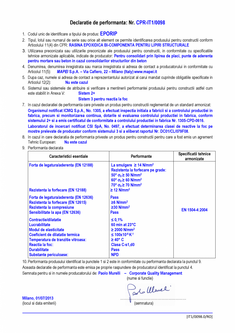 Pagina 1-Declaratie de performanta - Rasina epoxidica bi-componenta pentru lipiri structurale MAPEI EPORIP...