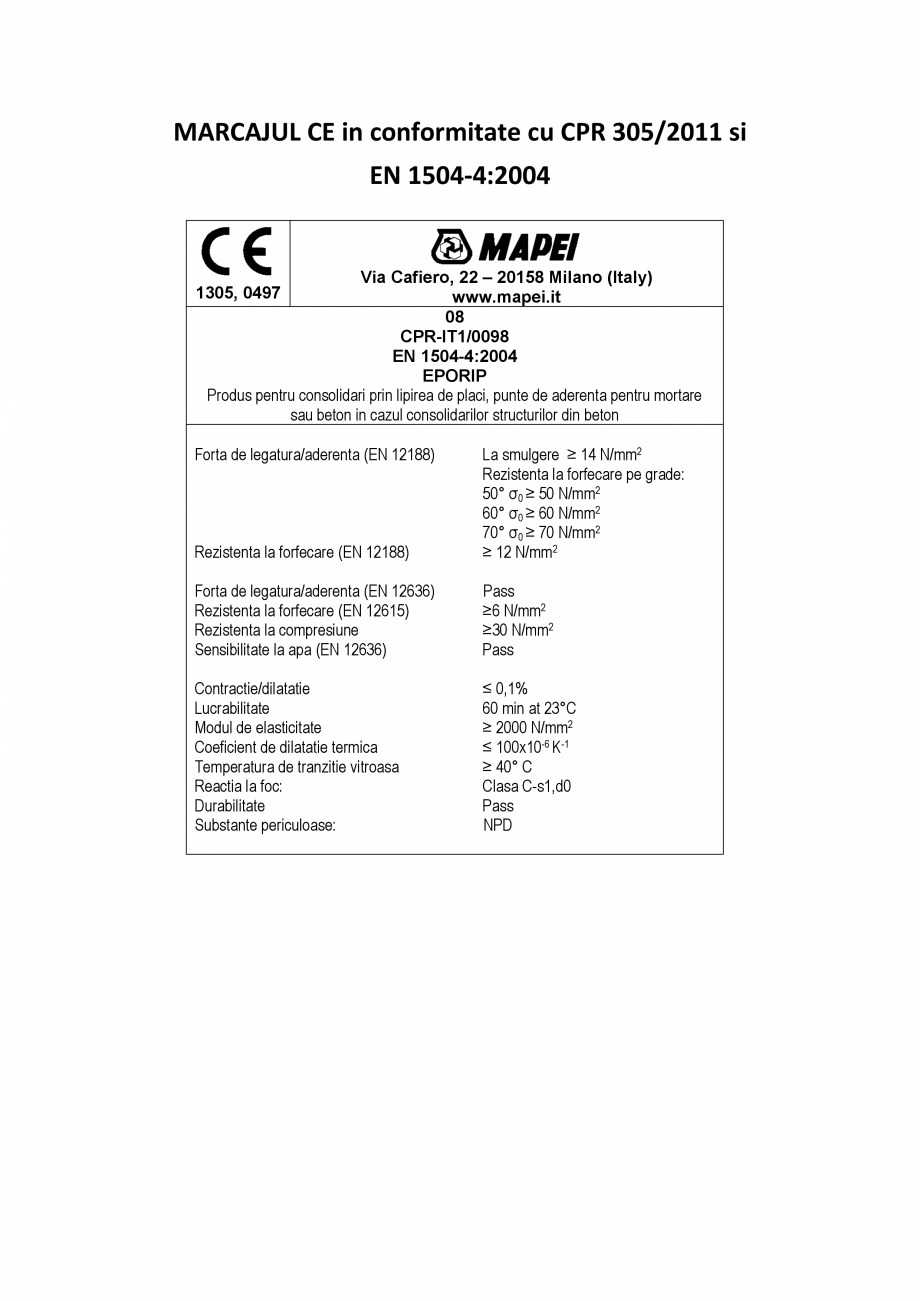 Pagina 2-Declaratie de performanta - Rasina epoxidica bi-componenta pentru lipiri structurale MAPEI EPORIP...