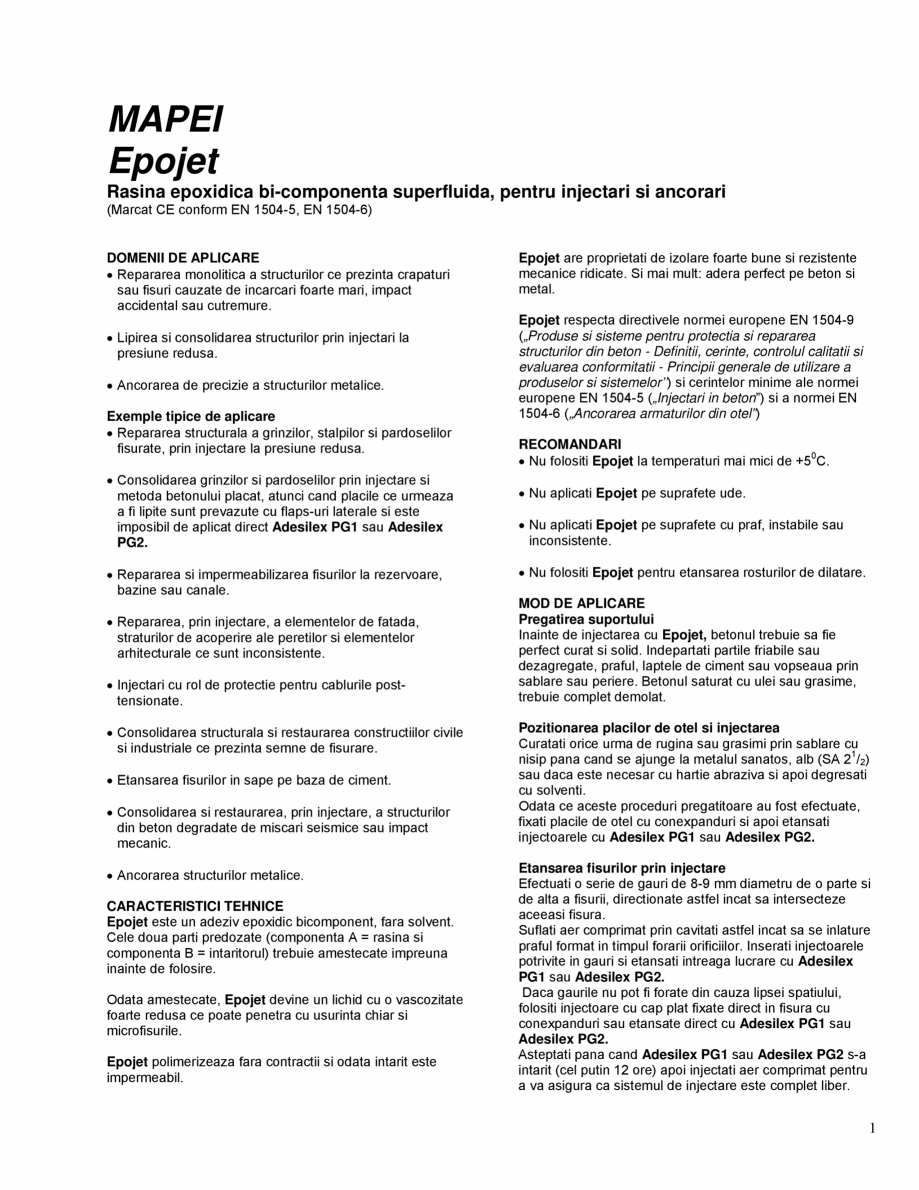 Pagina 1-Rasina epoxidica bi-componenta superfluida, pentru injectari si ancorari MAPEI EPOJET Fisa tehnica...
