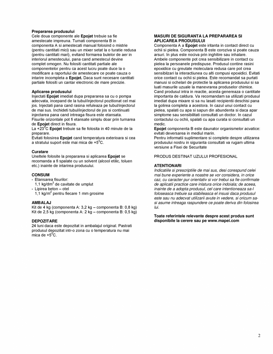 Pagina 2-Rasina epoxidica bi-componenta superfluida, pentru injectari si ancorari MAPEI EPOJET Fisa tehnica...