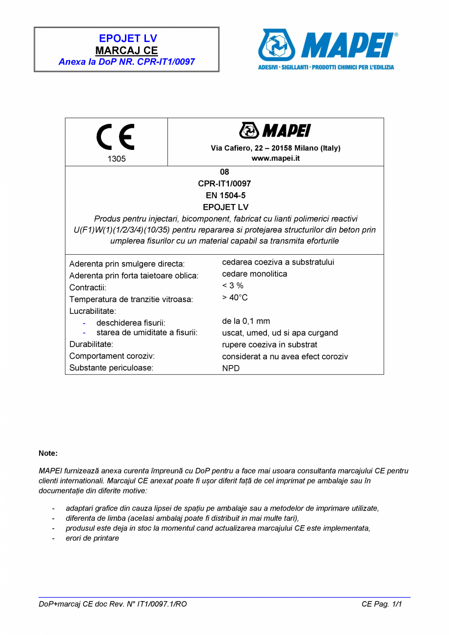 Pagina 2-Declaratie de performanta -Produs pentru injectari, bicomponent pentru repararea si protejarea...