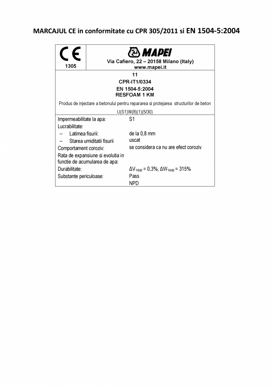 Pagina 2-Declaratie de performanta - Produs de injectare a betonului pe baza de rasina poliuretanica -...