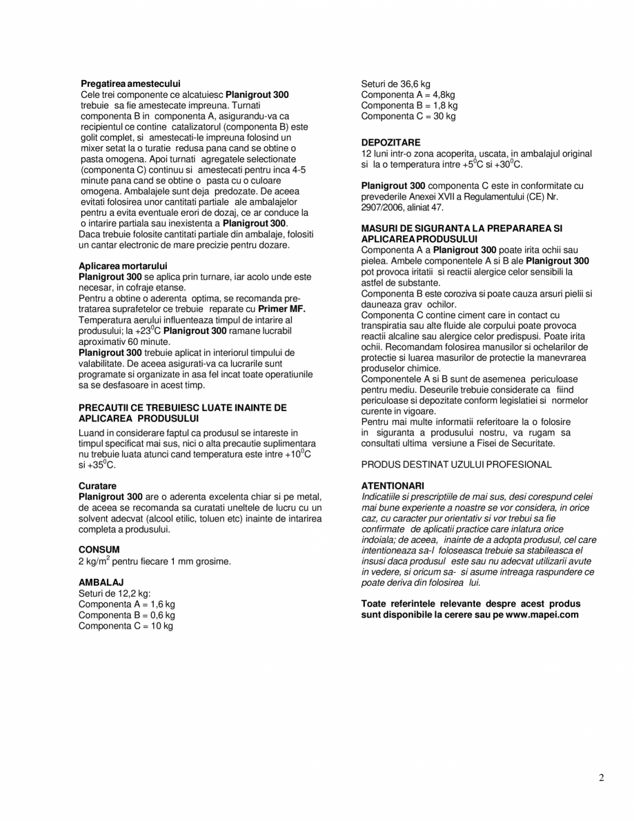 Pagina 2-Mortar fluid, tricomponent, pe baza de rasini epoxidice  MAPEI Planigrout 300 Fisa tehnica Romana...