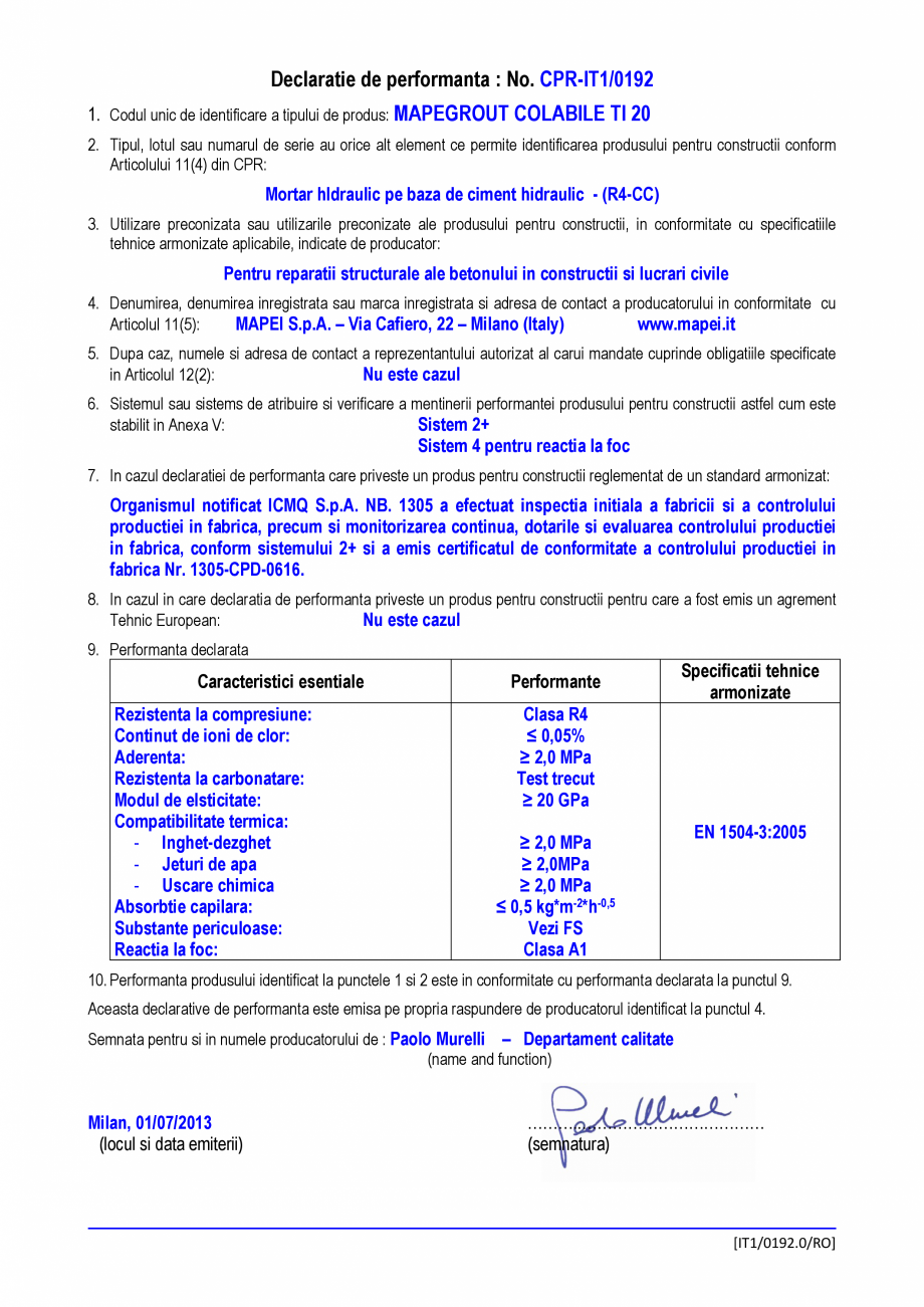 Pagina 1-Declaratie de performanta - Mortar hIdraulic pe baza de ciment hidraulic - (R4-CC) MAPEI MAPEGROUT...