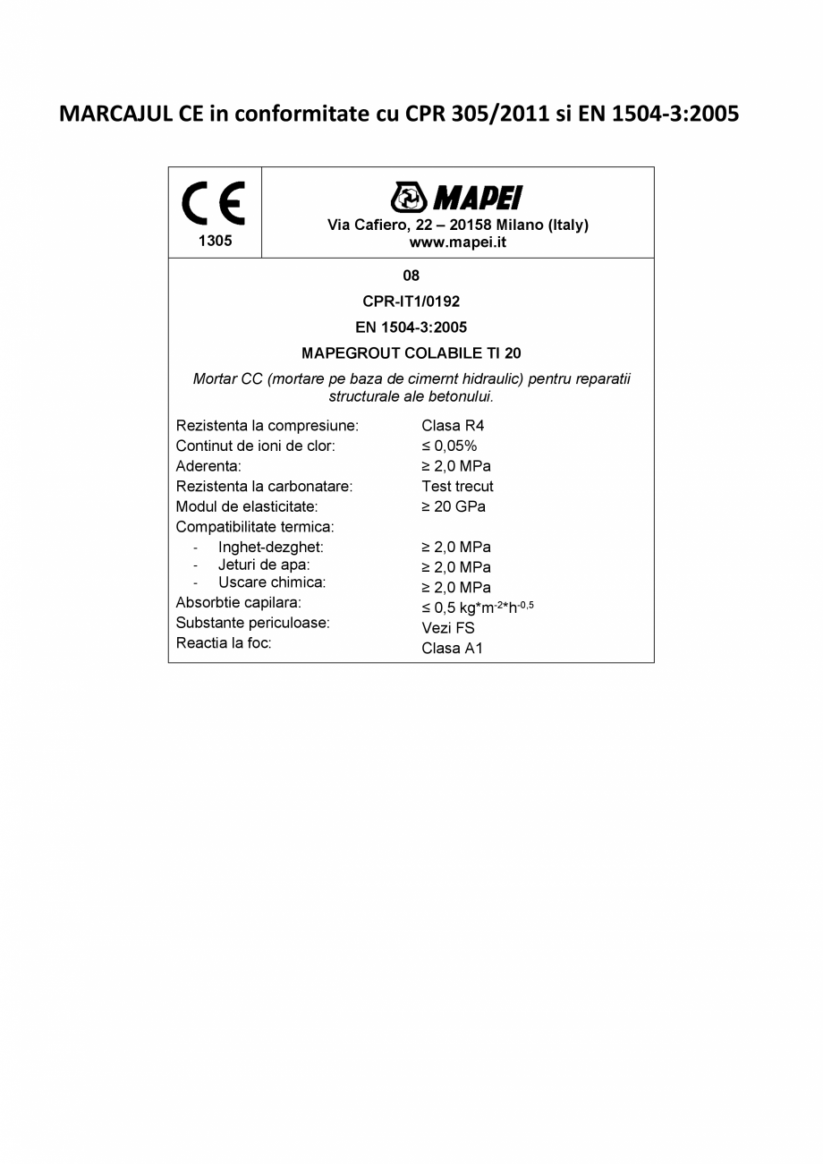 Pagina 2-Declaratie de performanta - Mortar hIdraulic pe baza de ciment hidraulic - (R4-CC) MAPEI MAPEGROUT...