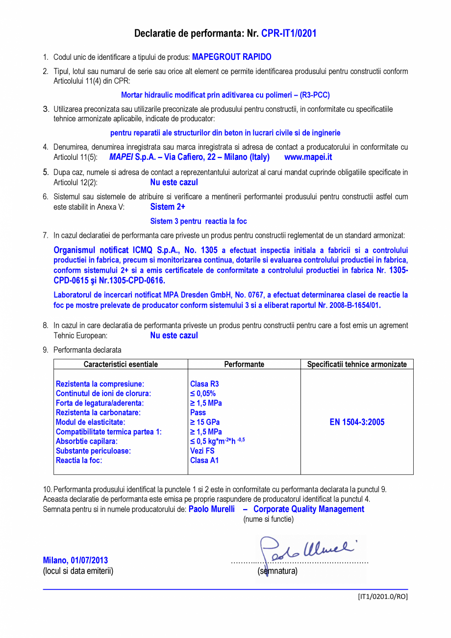 Pagina 1-Declaratie de performanta - Mortar hidraulic modificat prin aditivarea cu polimeri – (R3-PCC) ...